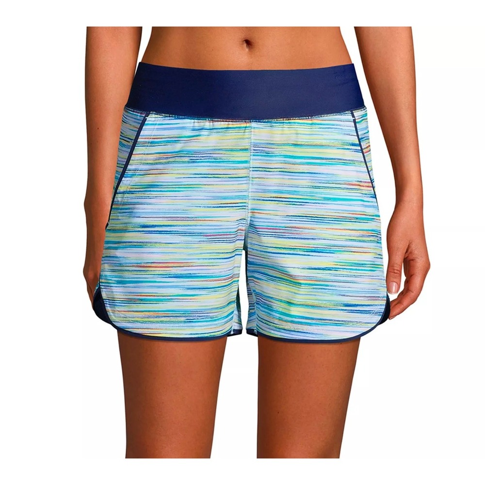 Lands End Women's‎ 5" Quick Dry Swim Shorts blue stripe pockets athletic short
